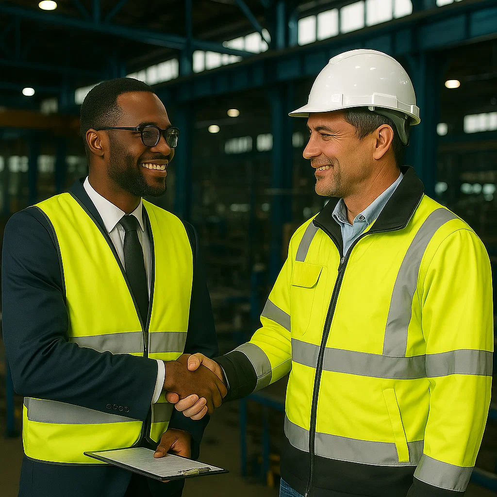 Broker and client partnership - risk services professional meeting with workplace safety manager