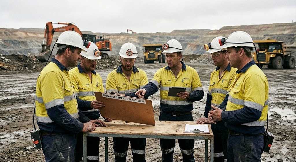 Safety workers in high-visibility gear conducting blast zone risk assessment at mining site
